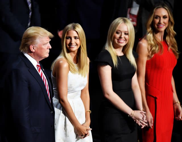 CLEVELAND, OH – JULY 20: (L-R) Donald Trump Jr., Republican presidential candidate Donald Trump, Ivanka Trump, Tiffany Trump and Lara Yunaska stand as Eric Trump delivers his speech during the third day of the Republican National Convention on July 20, 2016 at the Quicken Loans Arena in Cleveland, Ohio. Republican presidential candidate Donald Trump received the number of votes needed to secure the party’s nomination. An estimated 50,000 people are expected in Cleveland, including hundreds of protesters and members of the media. The four-day Republican National Convention kicked off on July 18. (Photo by Jeff J Mitchell/Getty Images)