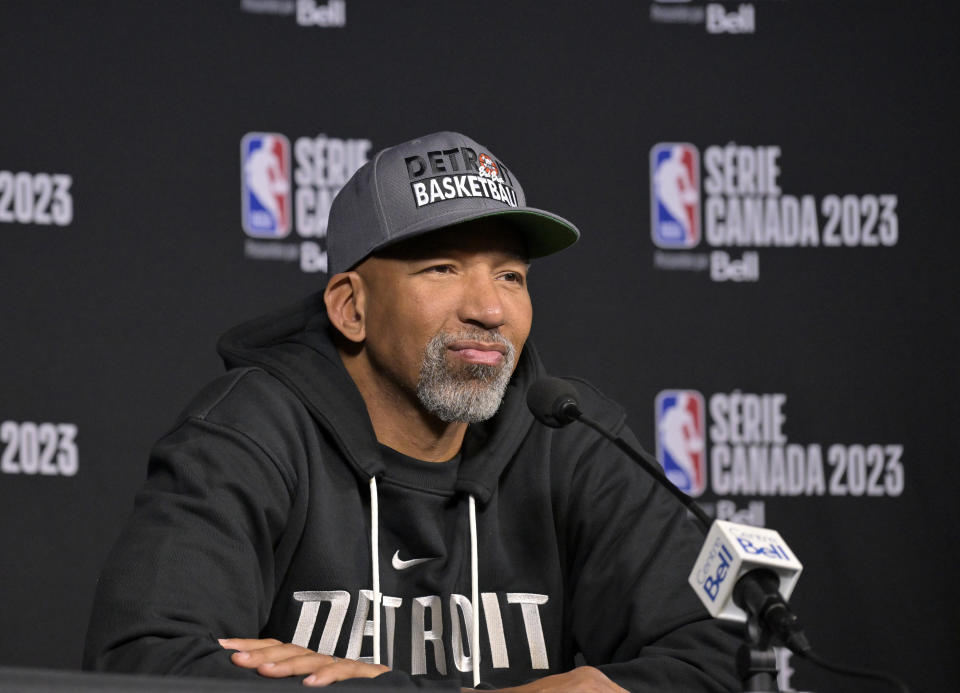 Oct 12, 2023; Montreal, Quebec, CAN; Detroit Pistons head coach Monty Williams gives a press conference before the game against the Oklahoma City Thunder at the Bell Centre. Mandatory Credit: Eric Bolte-USA TODAY Sports
