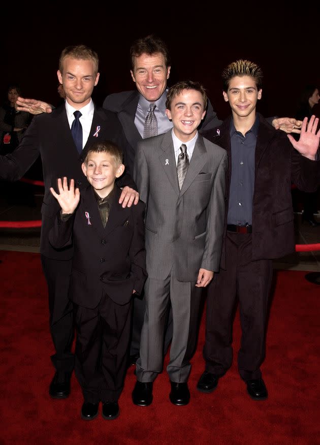 Chris Masterson, Erik Per Sullivan, Bryan Cranston, Muniz and Justin Berfield arrive for the 53rd Annual Primetime Emmy Awards in 2001. The actors rounded out the main cast of 
