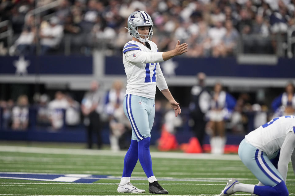 Dallas Cowboys kicker Brandon Aubrey hit a 65-yard field goal on Sunday. (AP Photo/Tony Gutierrez)