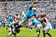 <p>Cam Newton #1 of the Carolina Panthers dives into the end zone for a touchdown during the second quarter of their game against the Atlanta Falcons at Bank of America Stadium on November 5, 2017 in Charlotte, North Carolina. (Photo by Grant Halverson/Getty Images) </p>