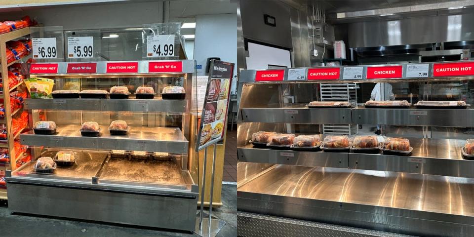 BJ's rotisserie chicken display heat case next to photo of Costco's, both with clamshell plastic package of chicken on shelves