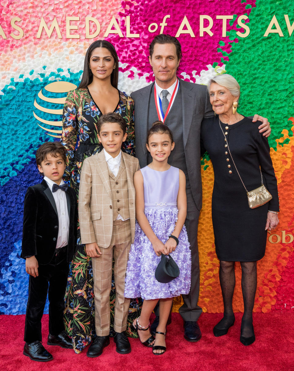 AUSTIN, TEXAS - FEBRUARY 27: (L-R) Livingston Alves McConaughey, Camila Alves, Levi Alves McConaughey, honoree Matthew McConaughey, Vida Alves McConaughey, and Kay McConaughey attend the 2019 Texas Medal Of Arts Awards at the Long Center for the Performing Arts on February 27, 2019 in Austin, Texas. (Photo by Rick Kern/WireImage)