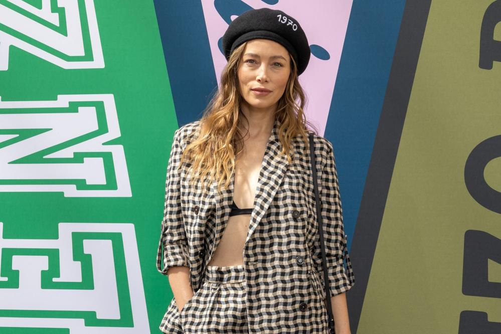 Jessica Biel Wears Plaid Suit With Justin Timberlake at Kenzo Show