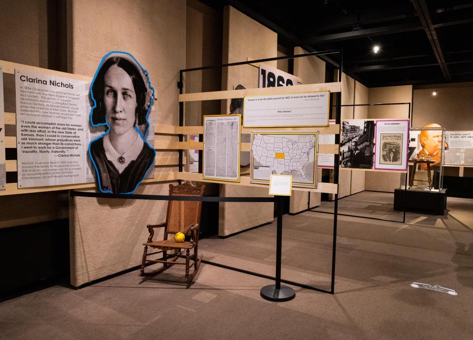 A large portrait of Kansas suffragist Clarina Nichols is displayed near the beginning of the Kansas Museum of History's suffragist exhibit "Upward to Equality."