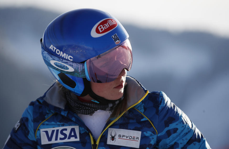 United States' Mikaela Shiffrin checks the slope ahead of an alpine ski, World Cup women's giant slalom in Jasna, Slovakia, Sunday, March 7, 2021. (AP Photo/Gabriele Facciotti)