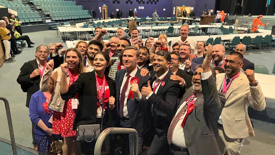 Labour supporters celebrating Andrew Pakes' result