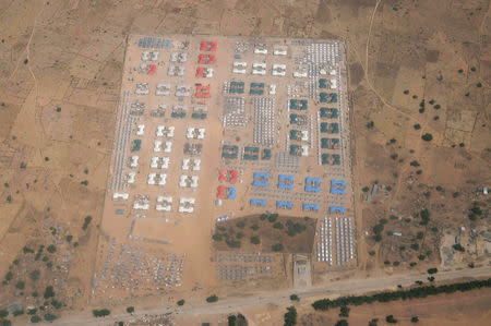 An aerial view of the 250 Housing Estate camp on the road between Maiduguri and the town of Bama in northeast Nigeria, November 23, 2017. Picture taken November 23, 2017. REUTERS/Paul Carsten