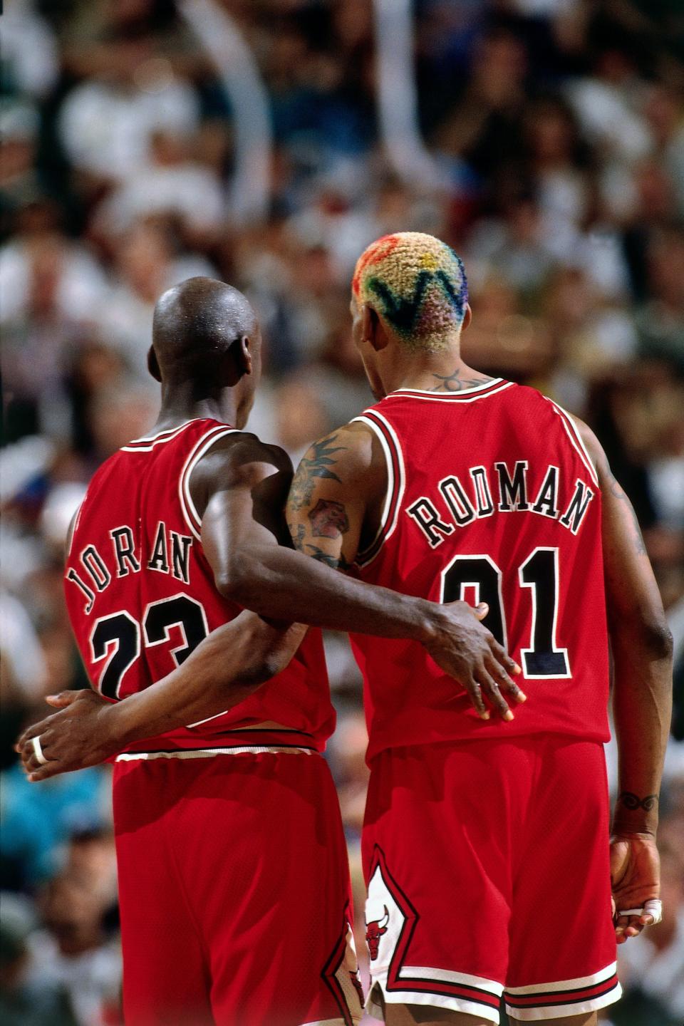 Dennis Rodman joined the Chicago Bulls in 1995 and helped them win three titles. (Getty Images)