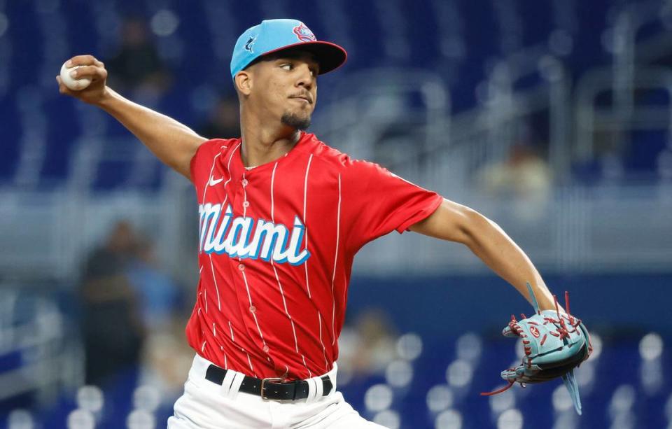 Jun 3, 2023; Miami, Florida, USA; Miami Marlins starting pitcher Eury Perez (39) pitches against the Oakland Athletics during the first inning at loanDepot Park. Mandatory Credit: Rhona Wise-USA TODAY Sports