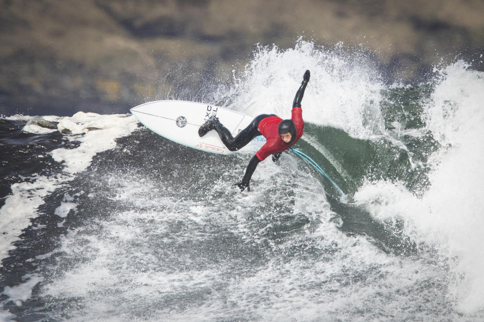 <p>Wales' Patrick Langdon Dark in the Men's Open Repo 3 event during day two of the British Surfing Championships at Thurso East, Caithness. Picture date: Sunday April 11, 2021.</p>
