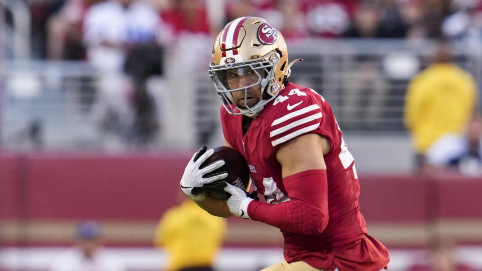 San Francisco 49ers fullback Kyle Juszczyk against the Dallas Cowboys during the first half of an NFL football game Sunday, Oct. 8, 2023, in Santa Clara, Calif. (AP Photo/Godofredo A. Vásquez)