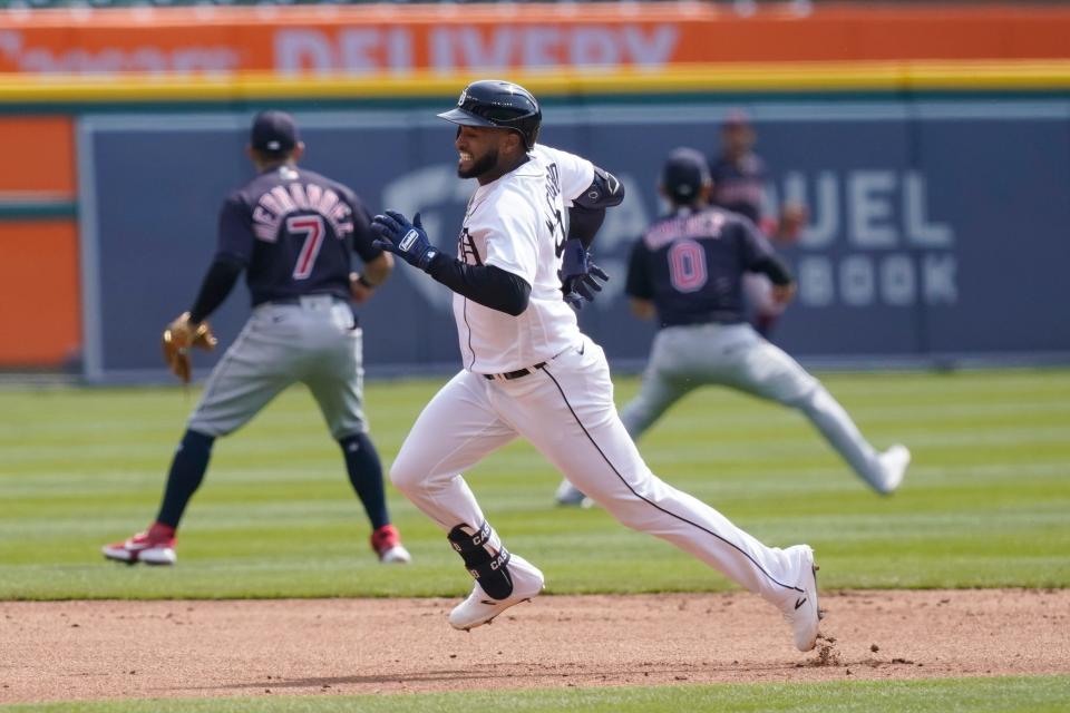 Detroit Tigers' Willi Castro heads to third on a triple to center field during the first inning of a baseball game against the Cleveland Indians, Saturday, April 3, 2021, in Detroit.