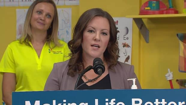 Children's Services Minister Rebecca Schulz announced on Monday that Alberta families earning up to $90,000 will qualify for support with their child care costs, up from the previous cutoff of $75,000. (CBC - image credit)