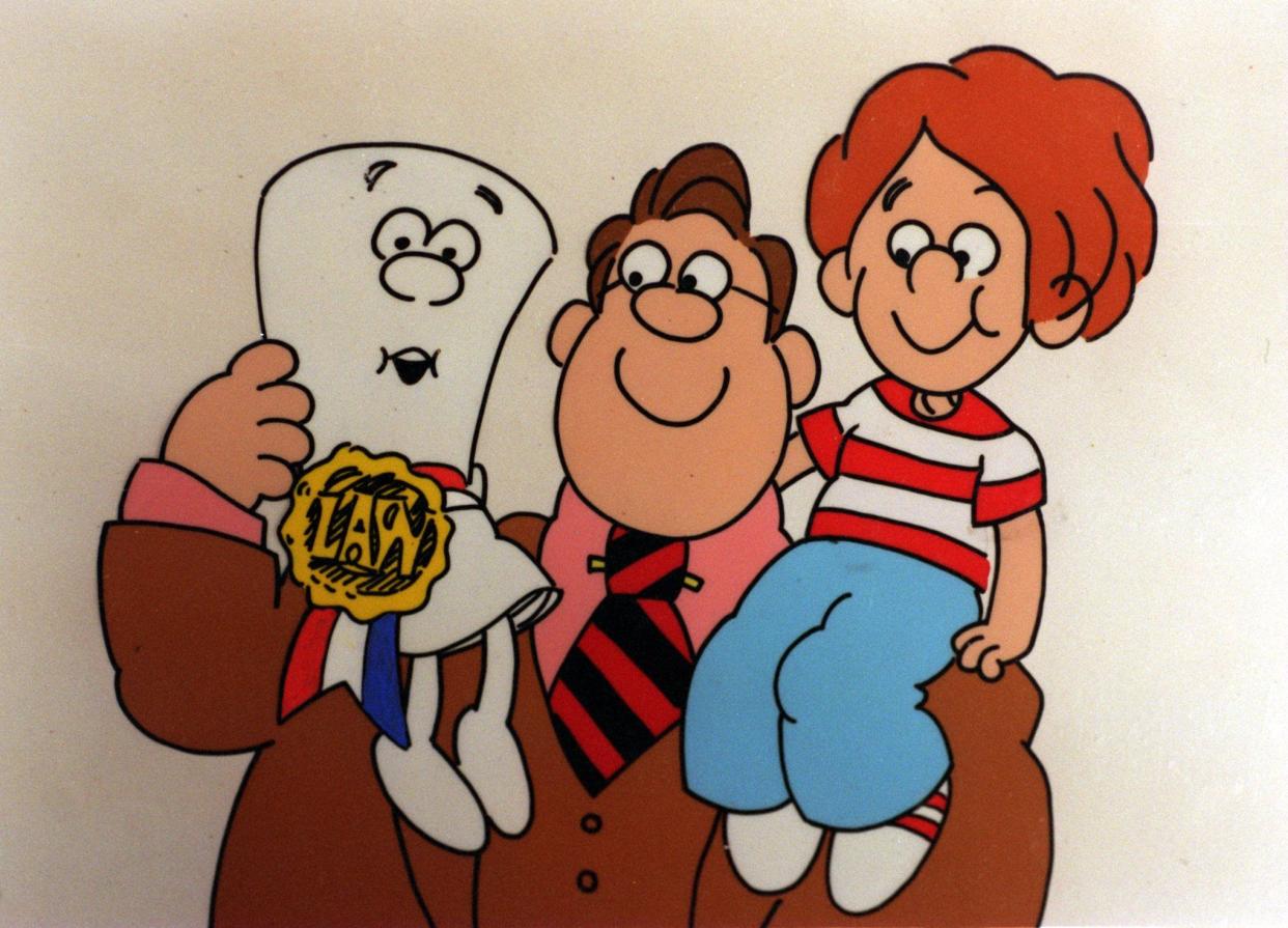 A picture from animated series "Schoolhouse Rock" depicts bill of rights character and a child sitting on a man's shoulders