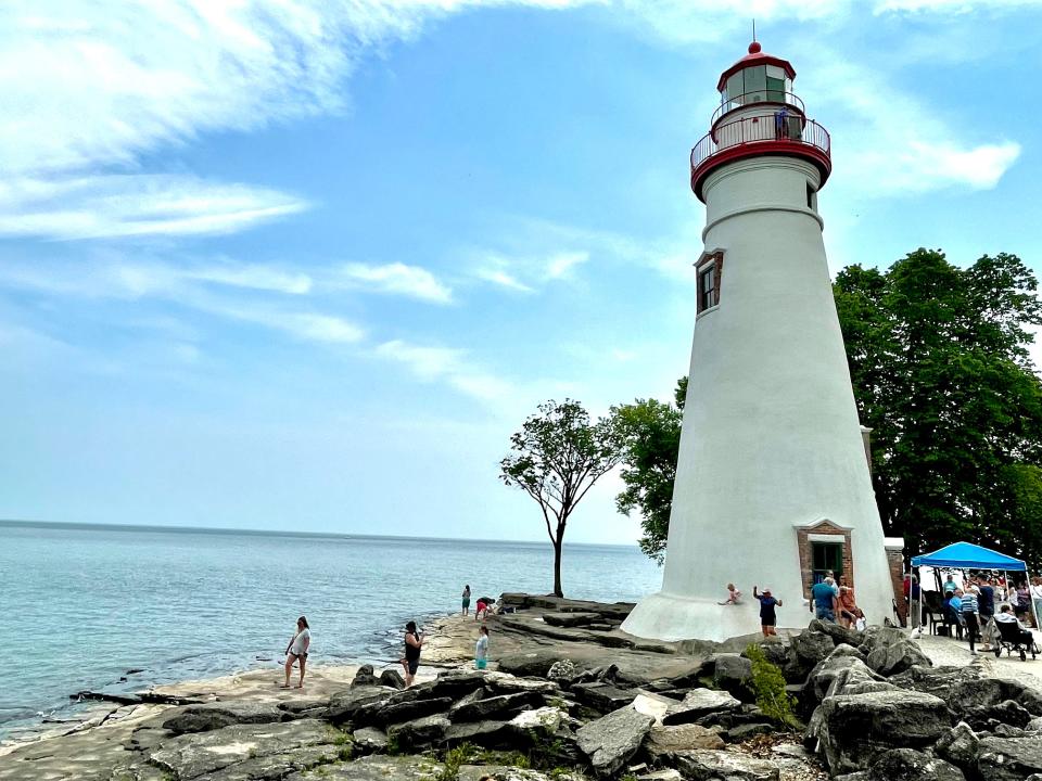 The Marblehead Lighthouse sits directly on the shore at the entrance to Sandusky Bay.