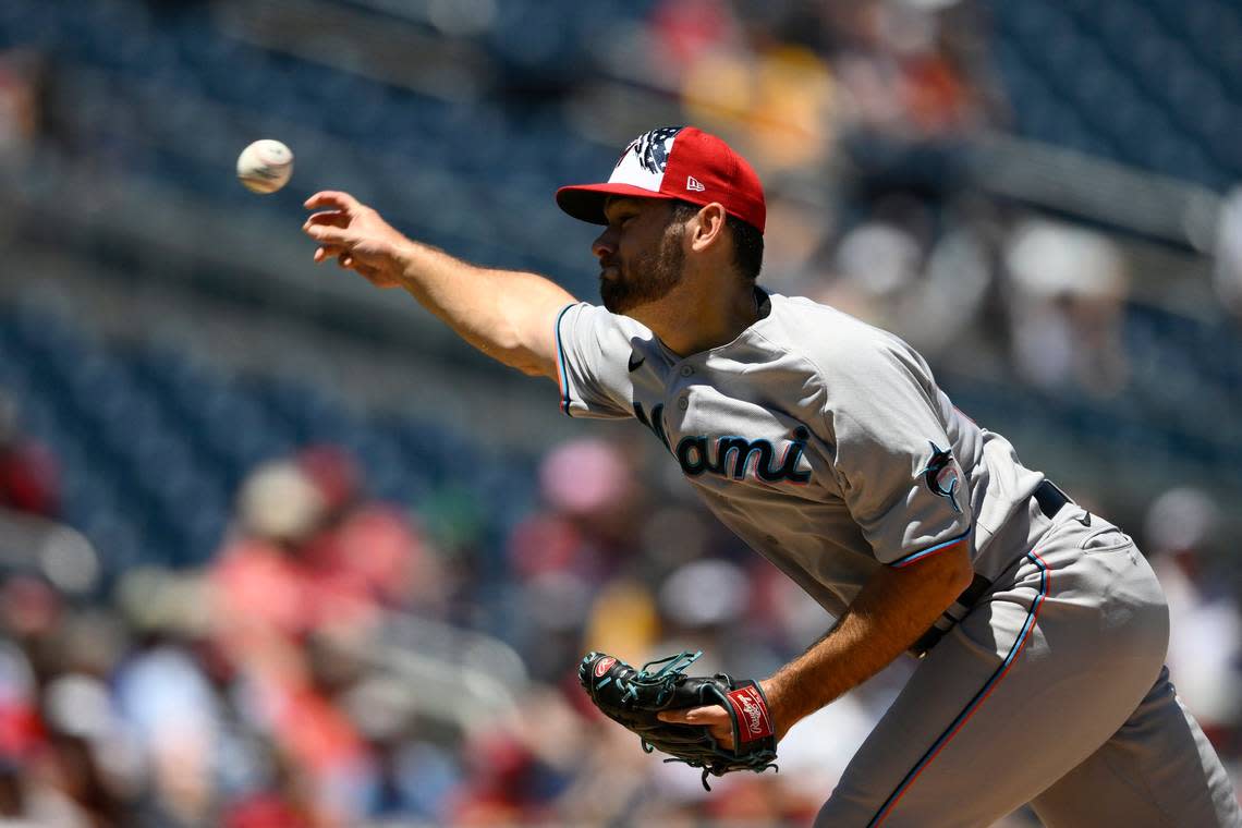 Miami Marlins relief pitcher Zach Pop (56) in action during a baseball game against the Washington Nationals, Monday, July 4, 2022, in Washington. (AP Photo/Nick Wass)