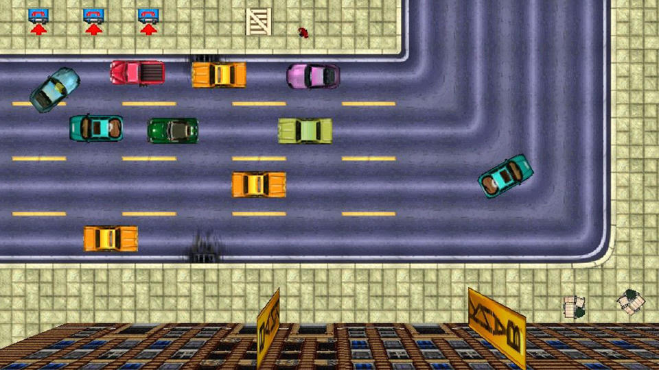 The top down street view of the original Grand Theft Auto