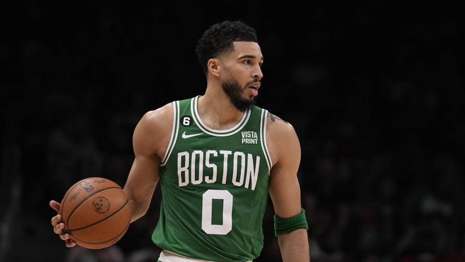 Boston Celtics forward Jayson Tatum (0) during the second half of Game 3 of a first-round NBA basketball playoff series, Friday, April 21, 2023, in Atlanta.  (AP Photo/Brynn Anderson)