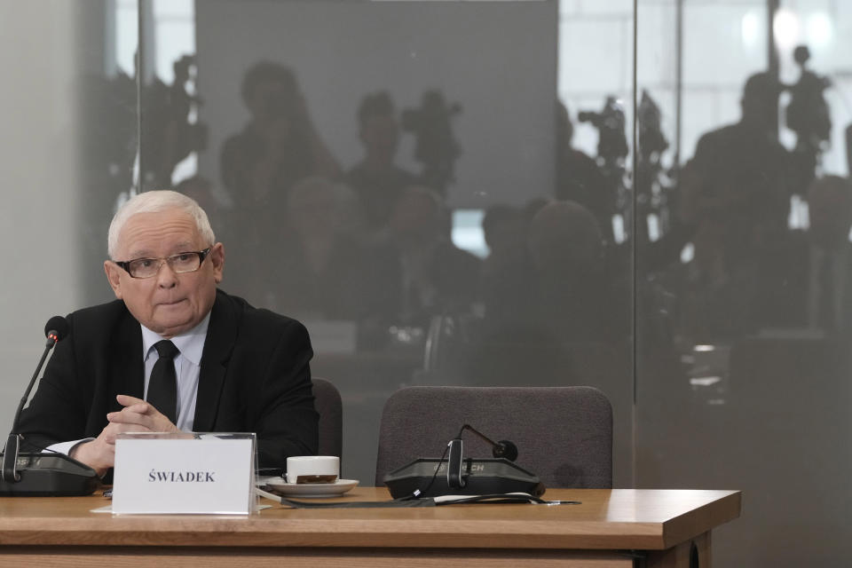 Poland's main opposition leader, Jaroslaw Kaczynski is questioned by a parliamentary commission at the parliament building, in Warsaw, Poland, Friday, March 15, 2024. Kaczynski appeared before a special parliamentary committee Friday to testify about the purchase and allegedly illegal use of advanced spyware by a government headed by his Law and Justice Party. The NSO Group's Pegasus spyware was used to spy on mobile devices belonging to opponents of the party. Recent findings suggest it was also used to eavesdrop on some key members of the right-wing party, as well. (AP Photo/Czarek Sokolowski)