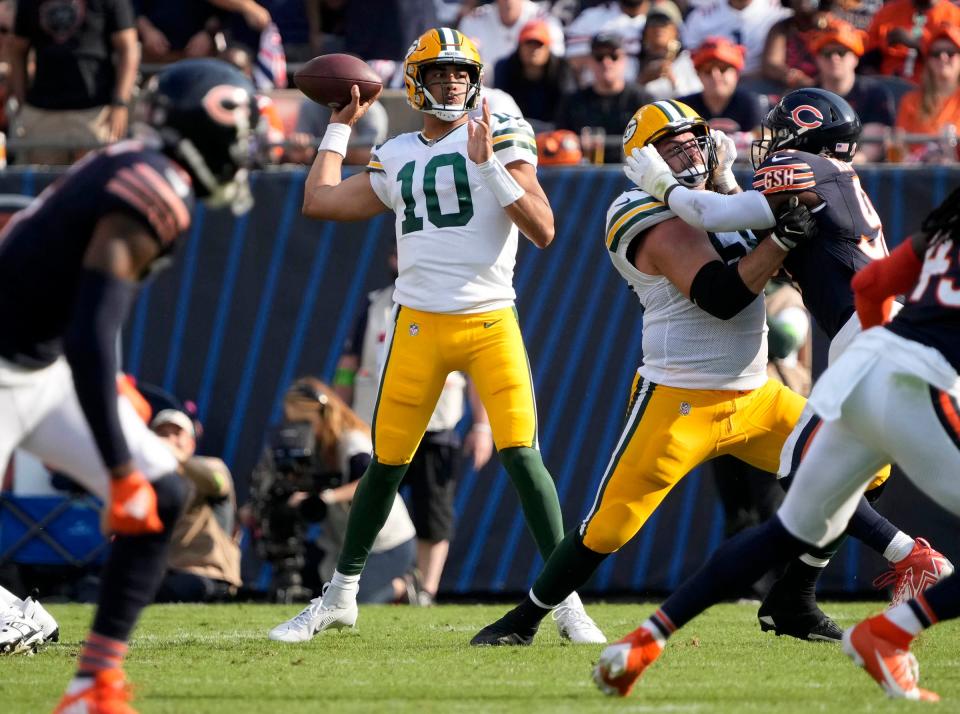 Green Bay Packers quarterback Jordan Love (10) during second quarter of their game against the Chicago Bears on Sunday, Sept. 10, 2023 at Soldier Field in Chicago.