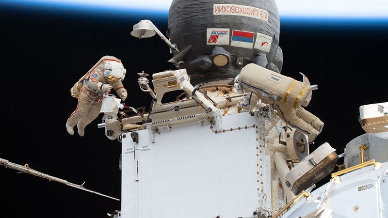 Cosmonauts Sergey Prokopyev and Dmitri Petelin performing a spacewalk in their Orlan spacesuits on November 17, 2022.