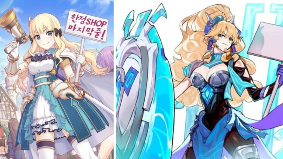 BeryL&#39;s DWG KIA Worlds 2020 skin for Leona was based on Saren Sasaki of Princess Connect. Photo on the right shows Riot&#39;s initial sketch of the design, making Leona pose like Saren Sasaki. This was posted on the LoL Korea Instagram page. (Photo: Cygames, Riot Games)