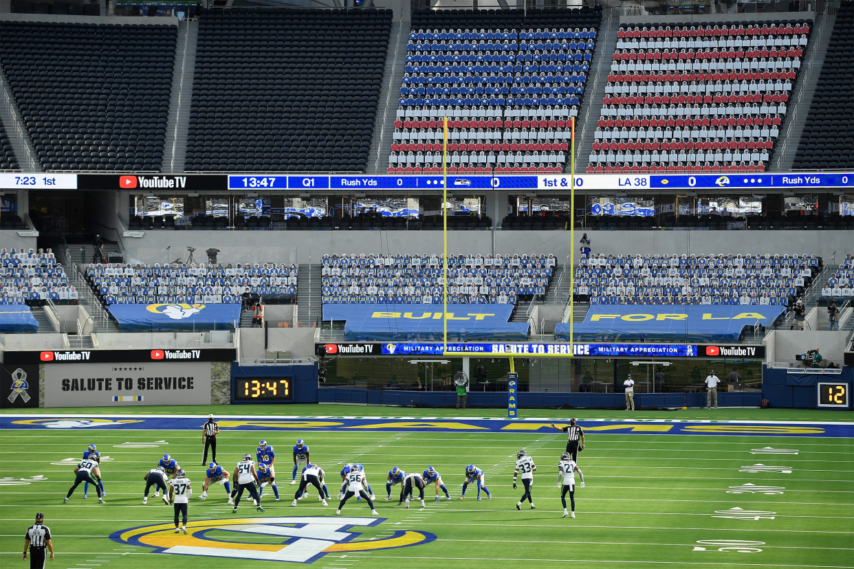 Los Angeles Rams, SoFi Stadium, Inglewood, California, general view of game between the Seattle Seahawks and the Los Angeles Rams on November 15, 2020, with fake people in seating area