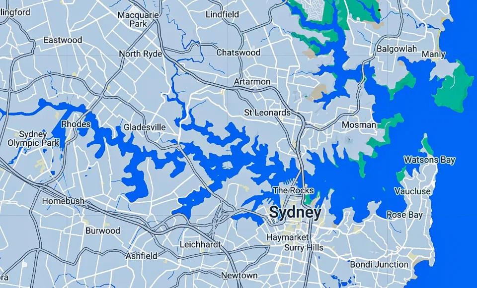 Map showing how extensive Sydney Harbor is.