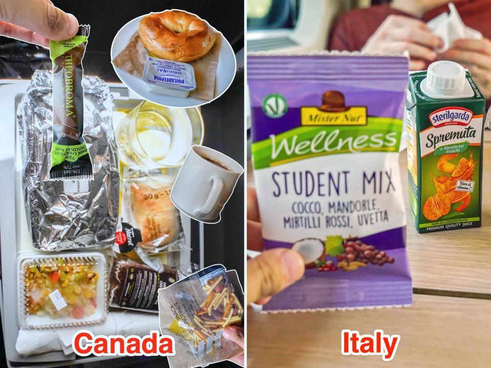 Complimentary food on Canadian (L) and Italian (R) trains.