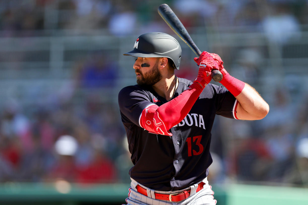 FORT MYERS, FLORIDA - FEBRUARY 27: Joey Gallo #13 of the Minnesota Twins at bat against the Boston Red Sox during the fifth inning at JetBlue Park at Fenway South on February 27, 2023 in Fort Myers, Florida. (Photo by Megan Briggs/Getty Images)