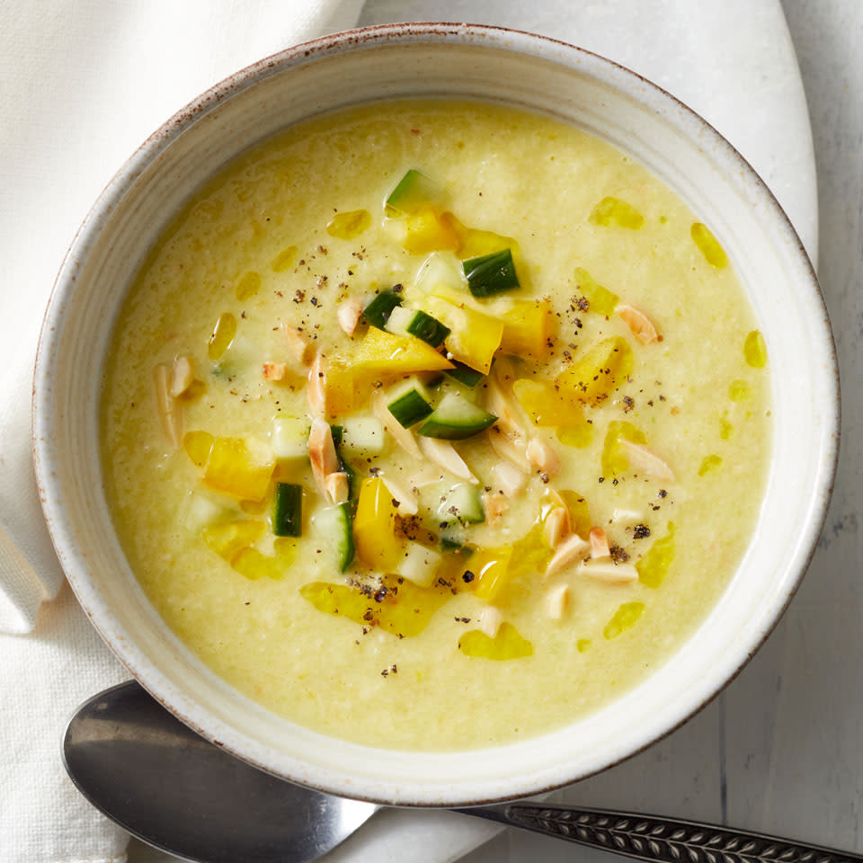 <p>Not all gazpachos are red. In this healthy white gazpacho recipe, we use cucumbers, yellow bell pepper and unsweetened almond milk for more savory results.</p>