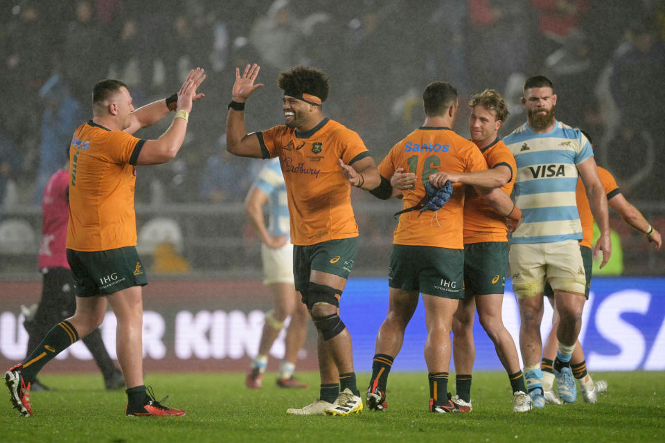 Wallabies players, pictured here celebrating after their win over Argentina in the Rugby Championship.