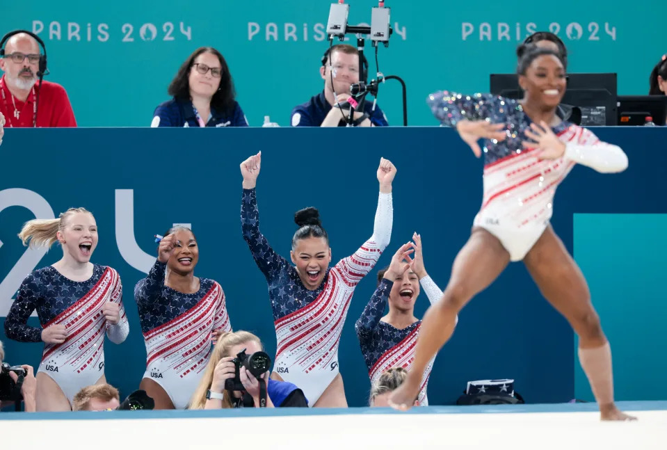 L-R: Jade Carey, Jordan Chiles, Suni Lee, Hezly Rivera and Simone Biles. (Wally Skalij/Los Angeles Times via Getty Images)