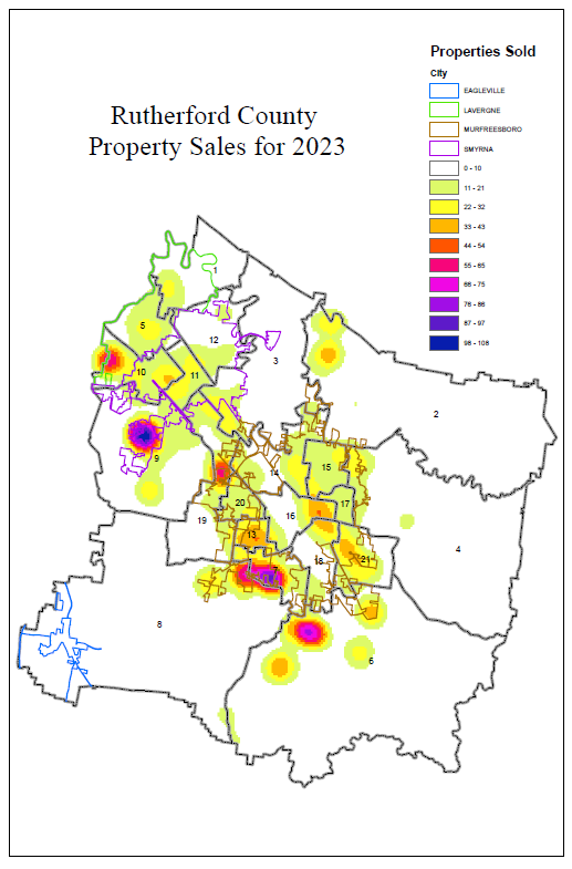 This heat map from the Rutherford County Property Assessor's Office shows in darker blue color where most property sales have taken place in 2023 in the county among the 21 districts for the Rutherford County Commission.