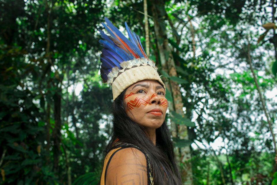 In this May 31, 2022, photo provided by Danila Bustamante, Vanda Witoto, who is running for Congress in Amazonas state, poses for a photo in Manaus, Brazil. Like other Brazilians, residents of the Amazon will elect governors and lawmakers in general elections in October. Pro-environment messages are nearly absent among the candidates. Witoto is an exception. (Danila Bustamante via AP)