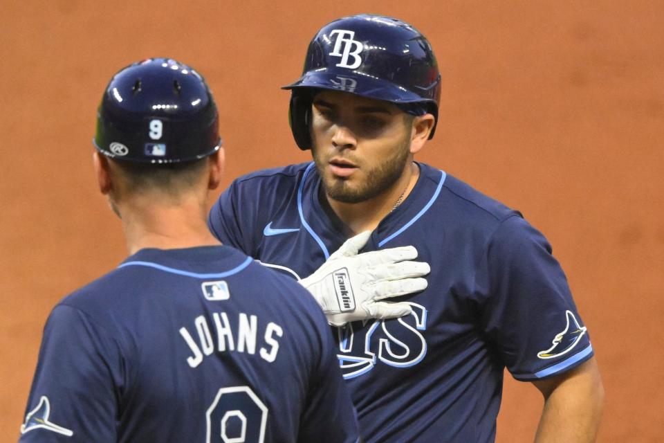 Sep 12, 2024; Cleveland, Ohio, USA; Tampa Bay Rays second baseman Jonathan Aranda (62) stands at first base after hitting a single in the second inning against the Cleveland Guardians at Progressive Field. Mandatory Credit: David Richard-Imagn Images