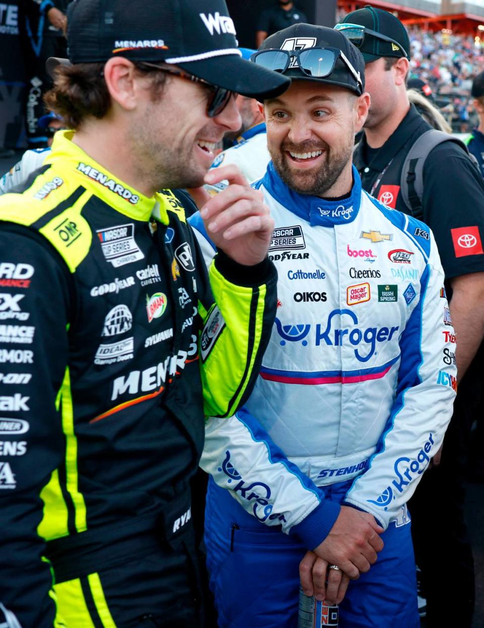NASCAR Cup Series drivers Ryan Blaney, left and Ricky Stenhouse Jr., right, enjoy time together prior to the running of the NASCAR All-Star race at North Wilkesboro Speedway in North Wilkesboro, NC on Sunday, May 19, 2024. Stenhouse Jr. was knocked out of the race in the early laps of the race.