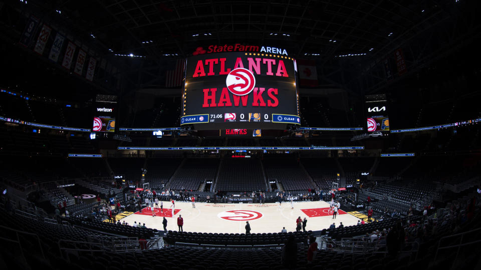 State Farm Arena is viewed before an NBA basketball game between the Atlanta Hawks and the Indiana Pacers, Saturday, March 25, 2023, in Atlanta. (AP Photo/Hakim Wright Sr.)