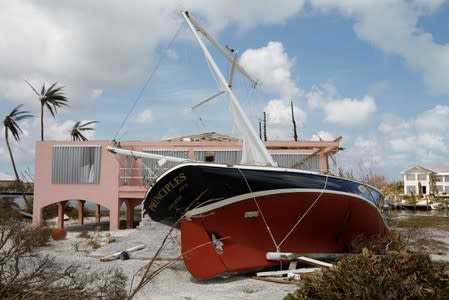 A stranded sailboat is seen after Hurricane Dorian hit the Abaco Islands in Treasure Cay