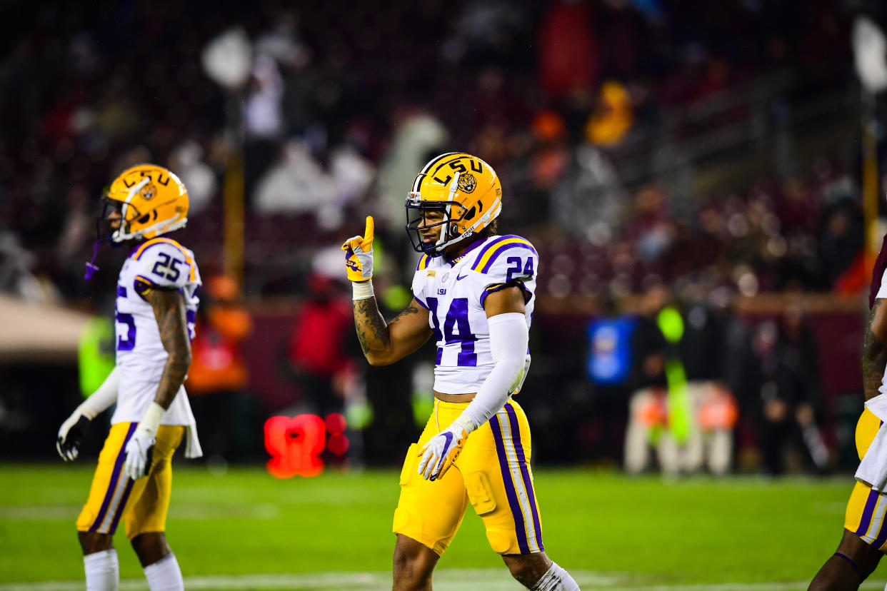 COLLEGE STATION, TX - NOVEMBER 28: Derek Stingley Jr. #24 of the LSU Tigers reacts after a play against the Texas A&M Aggies at Kyle Field on November 28, 2020 in College Station, Texas. (Photo by Chris Parent/Collegiate Images/Getty Images)