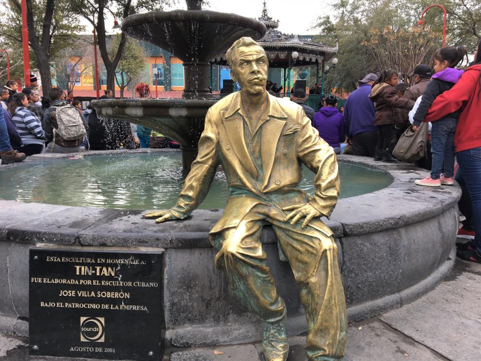 Mexican movie legend Tin-Tan, who grew up in Juárez, is honored with a statue in the Plaza de Armas in front of Our Lady of Guadalupe Cathedral in Juárez, Mexico.