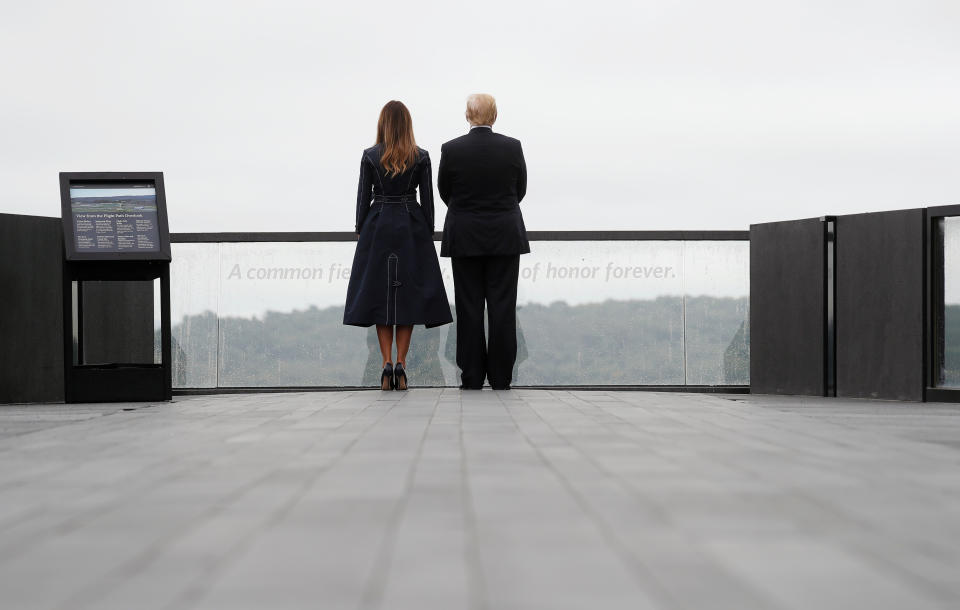 <p>U.S. President Donald Trump and first lady Melania Trump look out from the “Flight Path Overlook” at the Flight 93 National Memorial during the 17th annual September 11 observance at the memorial near Shanksville, Pa., Sept. 11, 2018. (Photo: Kevin Lamarque/Reuters) </p>