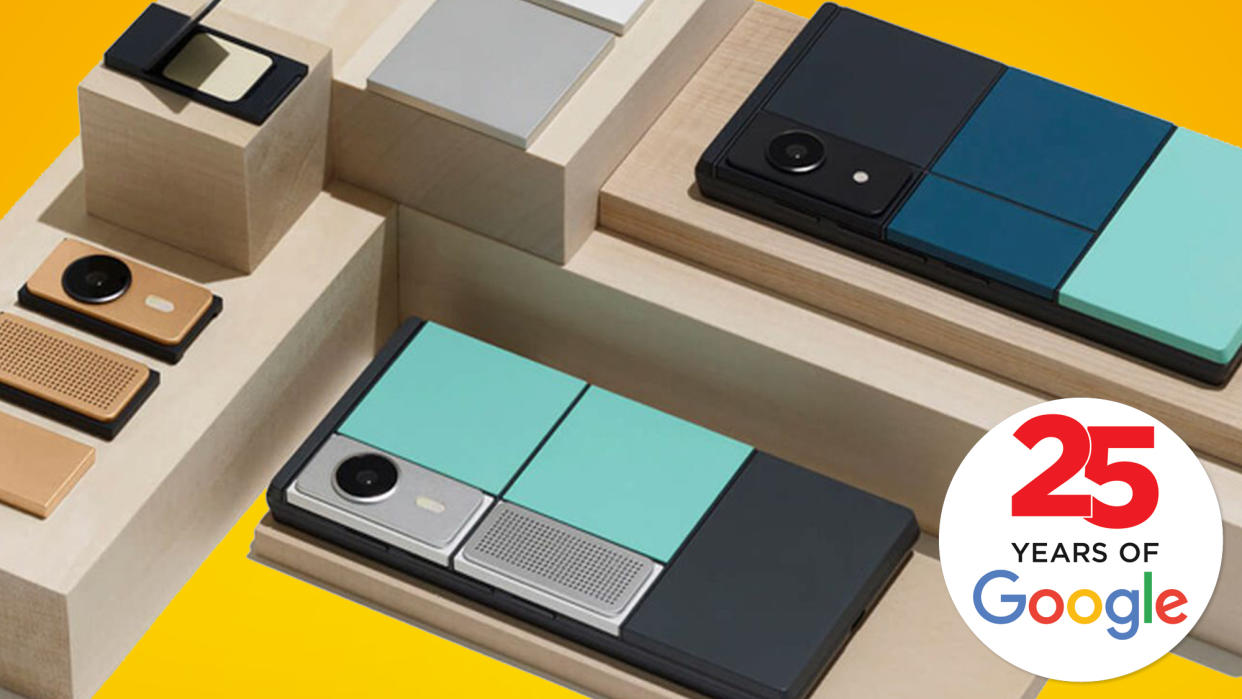  An array of Google Project Ara phones on an orange background. 