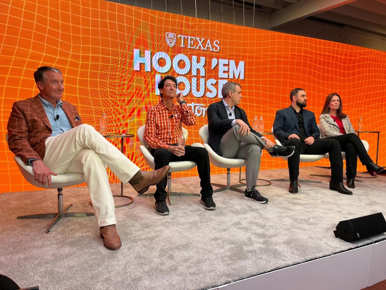 At the University of Texas Hook 'Em House at Antone's, UT President Jay Hartzell, left, investors Jim Breyer and Thomas Cahill, AI expert Andre Esteva and Dell Medical School Dean Claudia Lucchinetti talk about Austin as a place for innovations in medicine and technology on Friday, March 8, 2024, at SXSW.