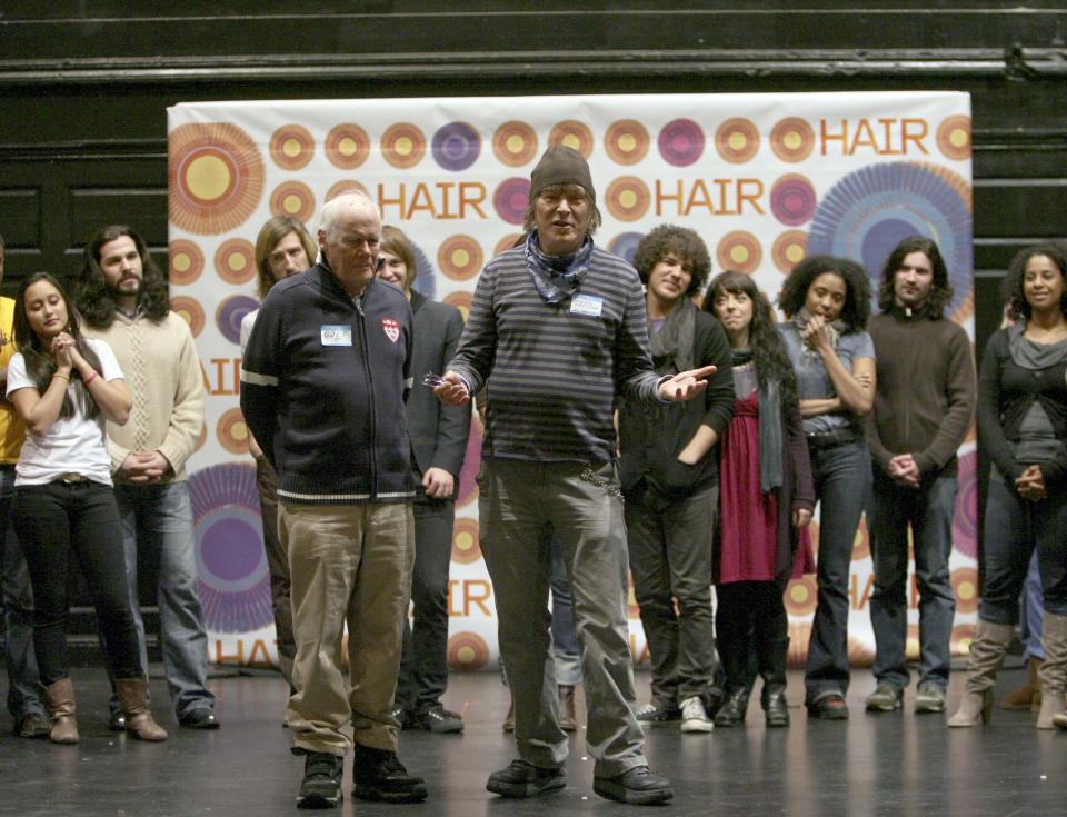 FILE - Hair creators Galt Macdermot, left, and James Rado appear during a photo call for the upcoming Broadway production of "HAIR: The American Tribal Love-Rock Musical," on Jan. 30, 2009 in New York. Rado died Tuesday night, June 21, 2022 in New York of cardio respiratory arrest, according to friend and publicist Merle Frimark. He was 90. (AP Photo/Mary Altaffer, File)