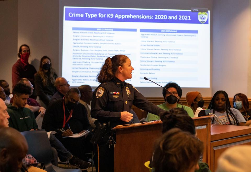 Jaime Kurnick, the Gainesville Police Department's chief inspector, presents during the City Commission meeting called to discuss GPD's K-9 unit. The meeting was held at Gainesville City Hall on Wednesday.