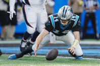 Carolina Panthers quarterback Sam Darnold recovers a fumble for a touchdown during the second half of an NFL football game between the Carolina Panthers and the Denver Broncos on Sunday, Nov. 27, 2022, in Charlotte, N.C. (AP Photo/Rusty Jones)