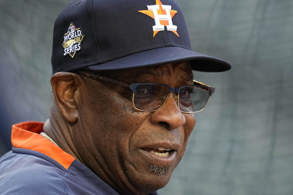 Houston Astros manager Dusty Baker Jr. (12) watches batting practice ahead of Game 1 of the baseball World Series between the Houston Astros and the Philadelphia Phillies on Thursday, Oct. 27, 2022, in Houston. Game 1 of the series starts Friday. (AP Photo/Eric Gay)