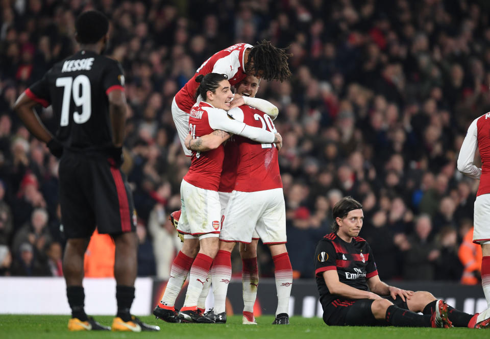 Granit Xhaka celebrates scoring the second Arsenal goal during UEFA Europa League match against AC Milan